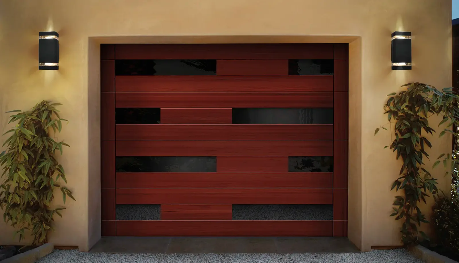 Reserve® Wood Modern — Reserve Modern Design 1 Offset Window Redwood Garage Door 822